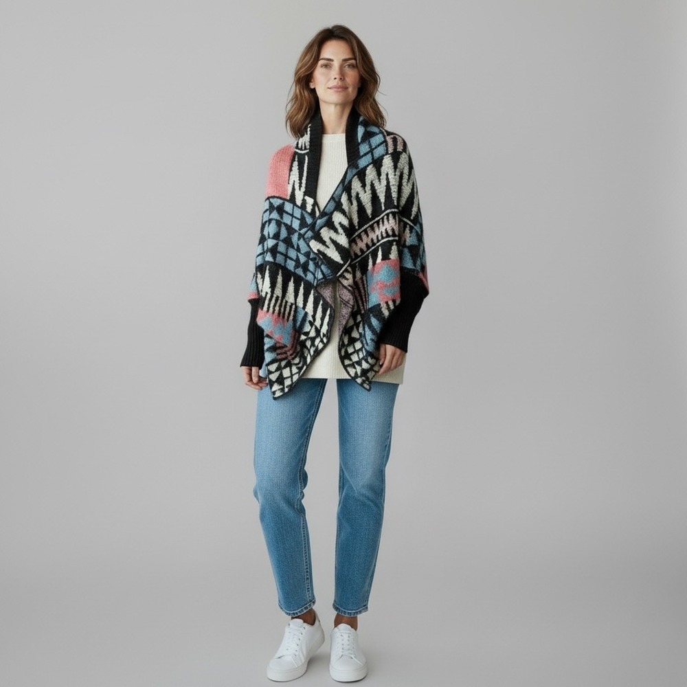 Maxsport Womens Geometric Open Front Cocoon Cardigan Sweater‎ Blue Pink S/M